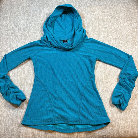 Kuhl Pullover Hoodie Women Size S Teal Ruched Sleeves Ribbed‎ Cowl Neck - Picture 2 of 11